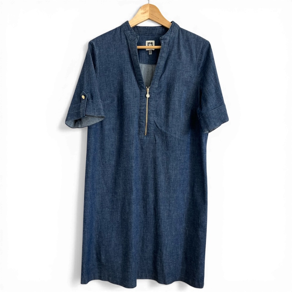 Anne Klein Denim Sheath Dress Zip Front Mandarin Collar Short Sleeve